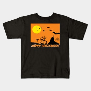 Moonlit Haunted House Ghost Bat Cobweb Gravestone. Kids T-Shirt